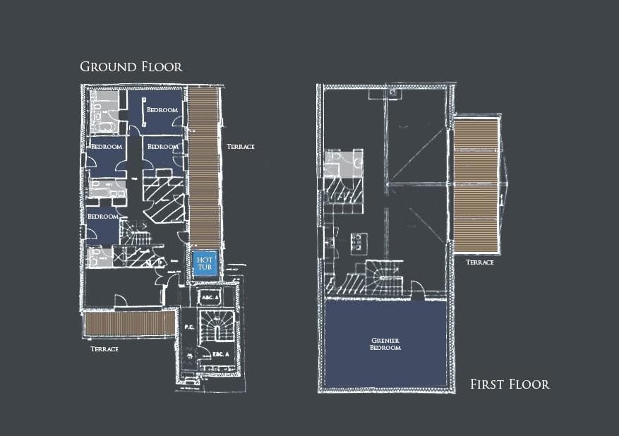 Floor plans showing four ground-floor bedrooms, hot tub terrace, and first-floor grenier suite