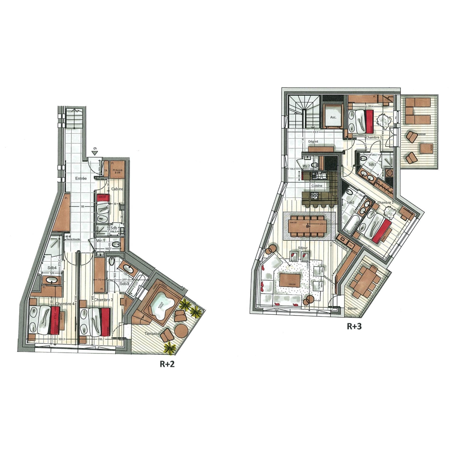 Duplex floor plans: R+2 features bedrooms and hot tub; R+3 shows open-plan living area