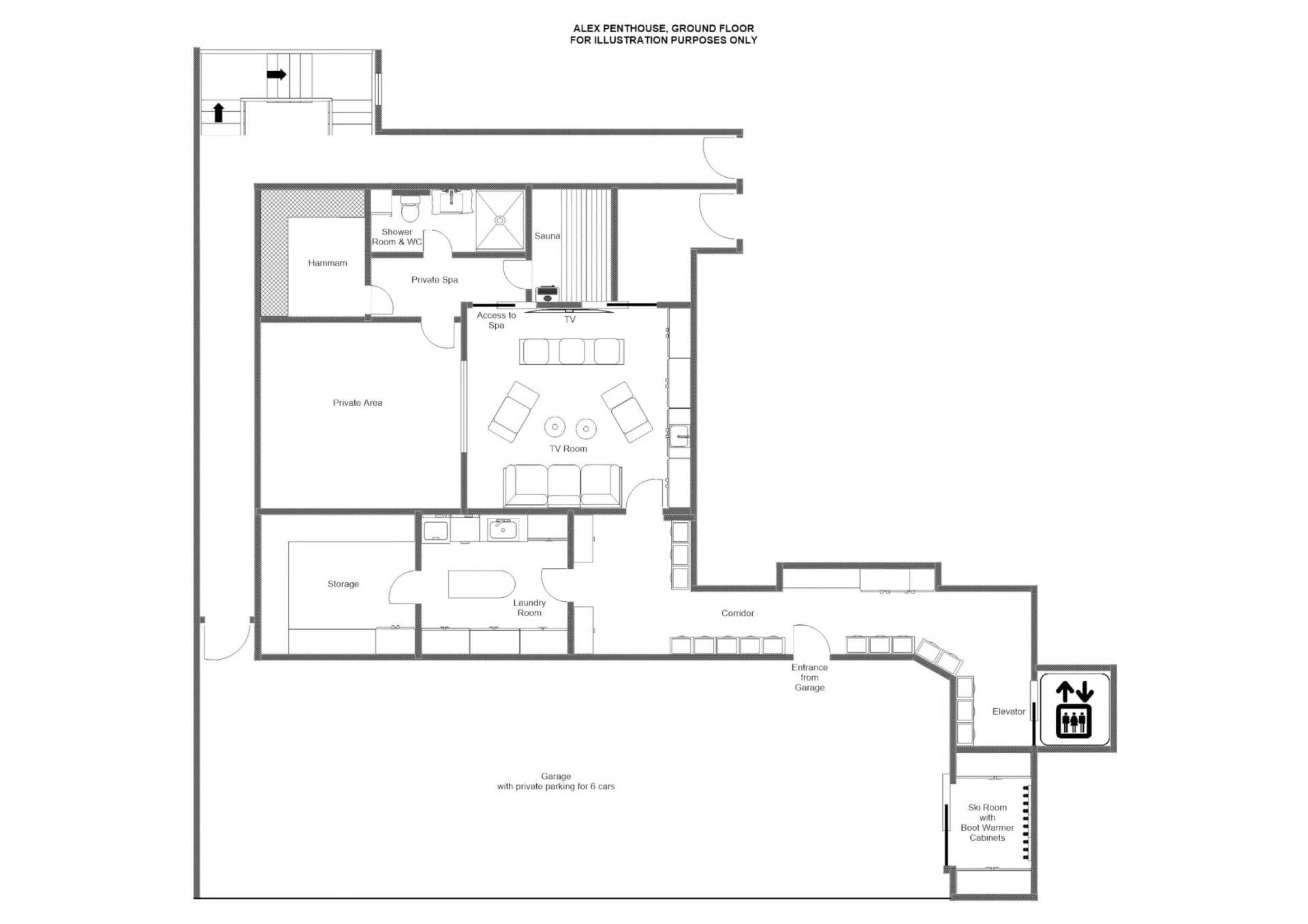 Ground floor plan: private spa, TV room, and garage for 6 cars