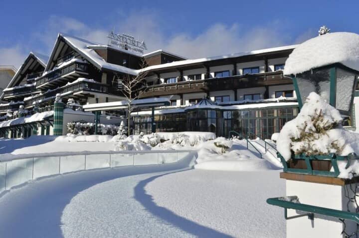 Ski-in access and timber balconies at Hotel Astoria
