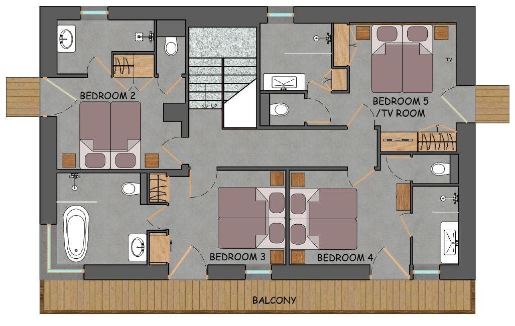 Upper floor layout: four bedrooms with en-suite bathrooms and shared balcony access
