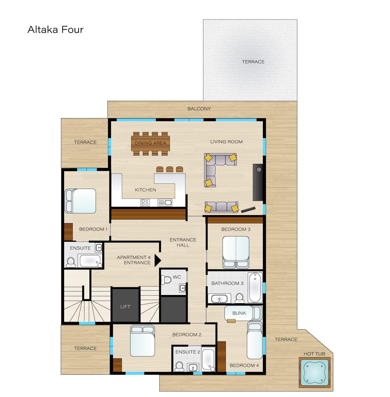 Floor plan: four bedrooms, open-plan living, and large terrace with hot tub