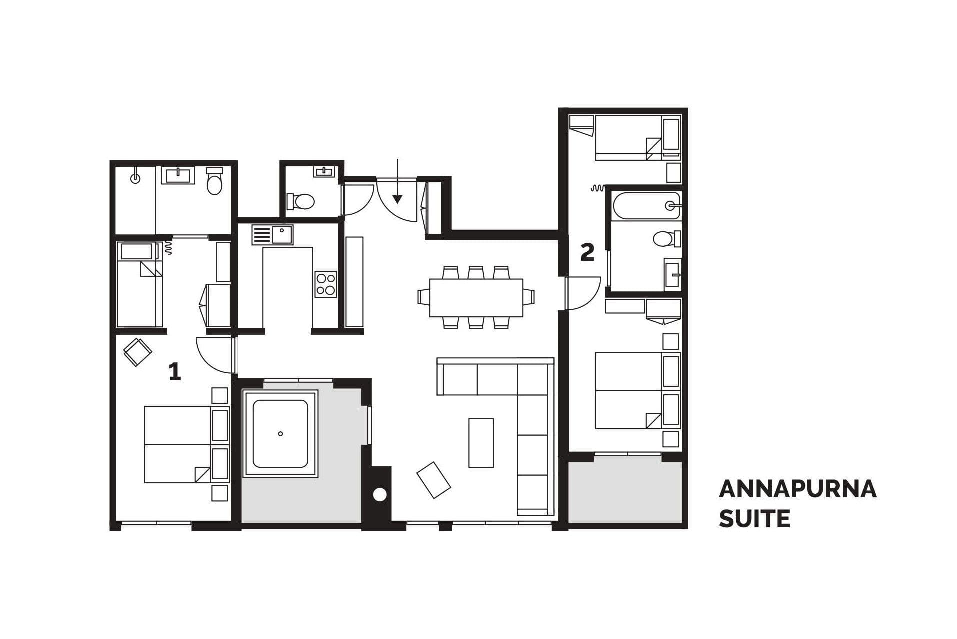 Annapurna Suite floor plan: two bedrooms, two bathrooms, and open-plan living area
