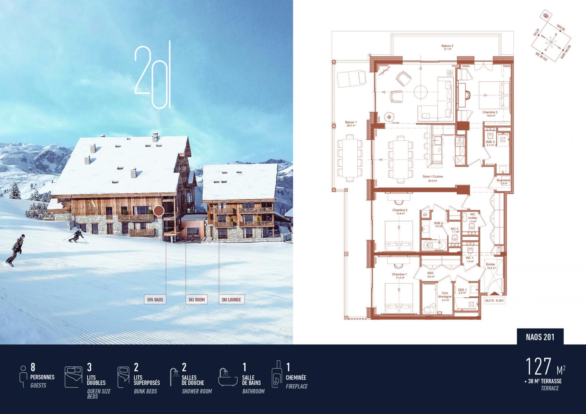 Floor plan: three bedrooms, bunk room, fireplace, and two terraces; sleeps 8
