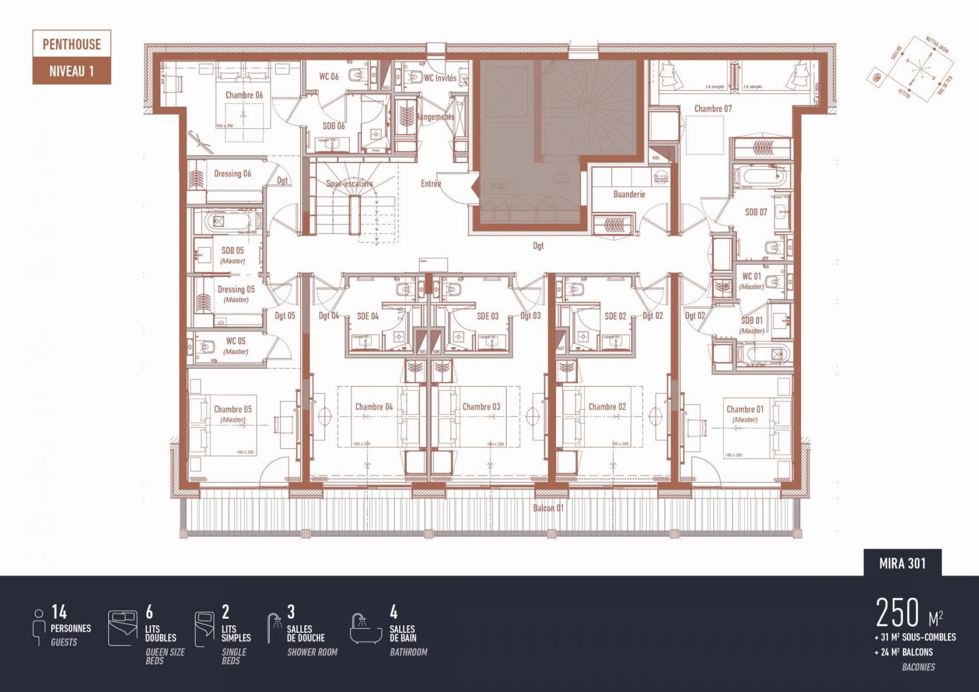 Penthouse level 1 floor plan: seven bedrooms, laundry room, and full-length balcony