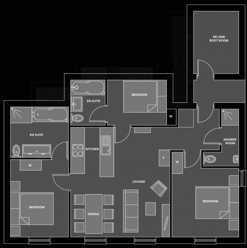 Floor plan: 3 bedrooms, open-plan living, and dedicated ski and boot room