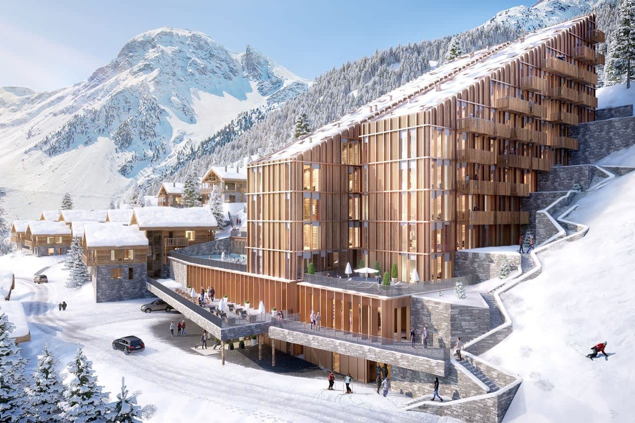 Ski-in, ski-out resort exterior with private balconies and mountain views