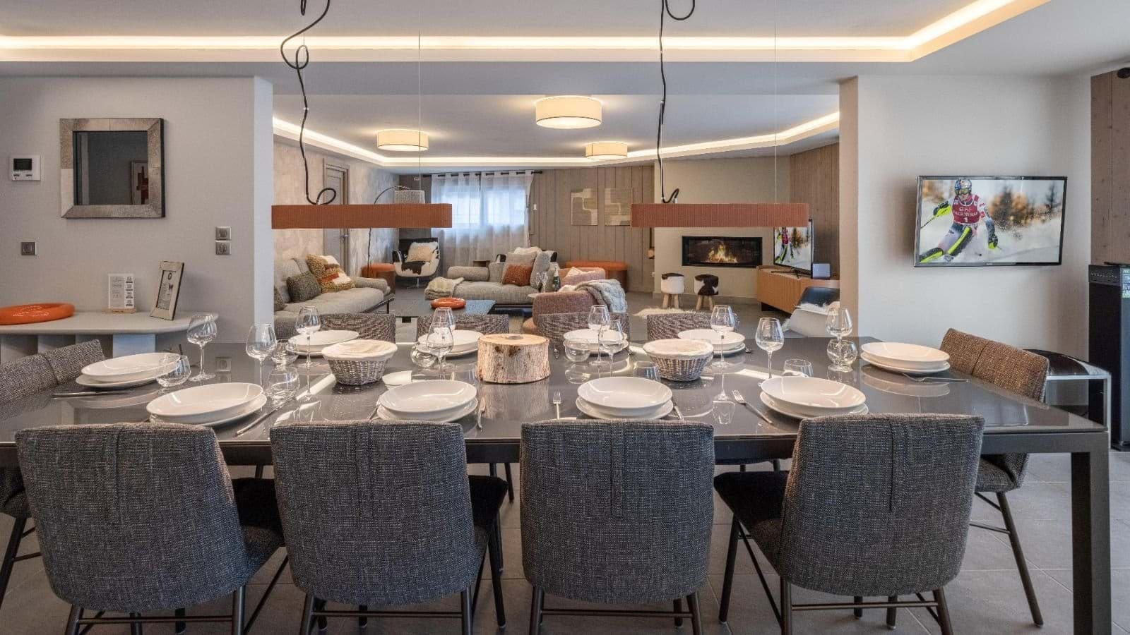 Dining area seating 10 with view to living room and fireplace