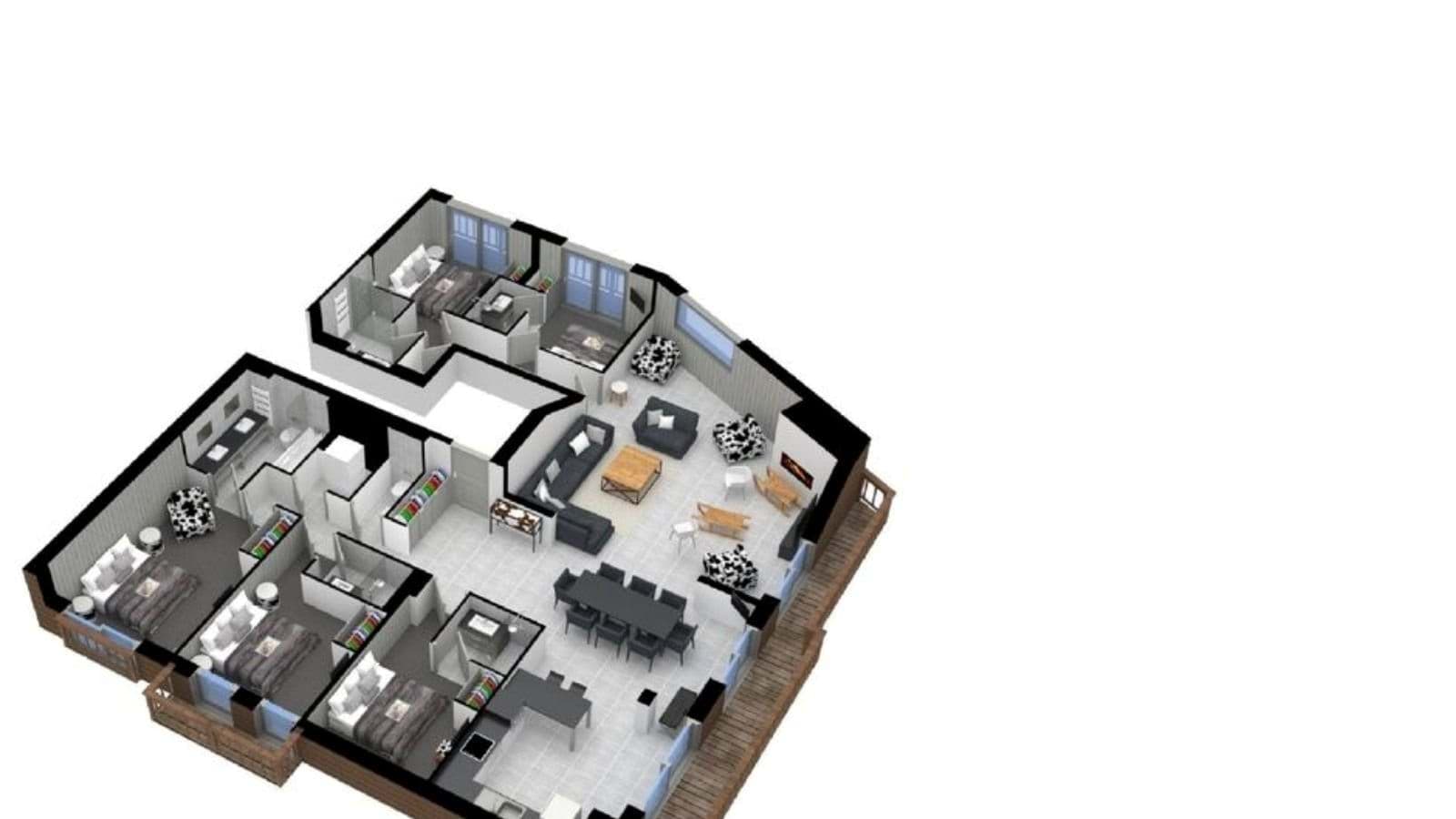 Floor plan: four bedrooms with en suites, open-plan living, and wrap-around deck