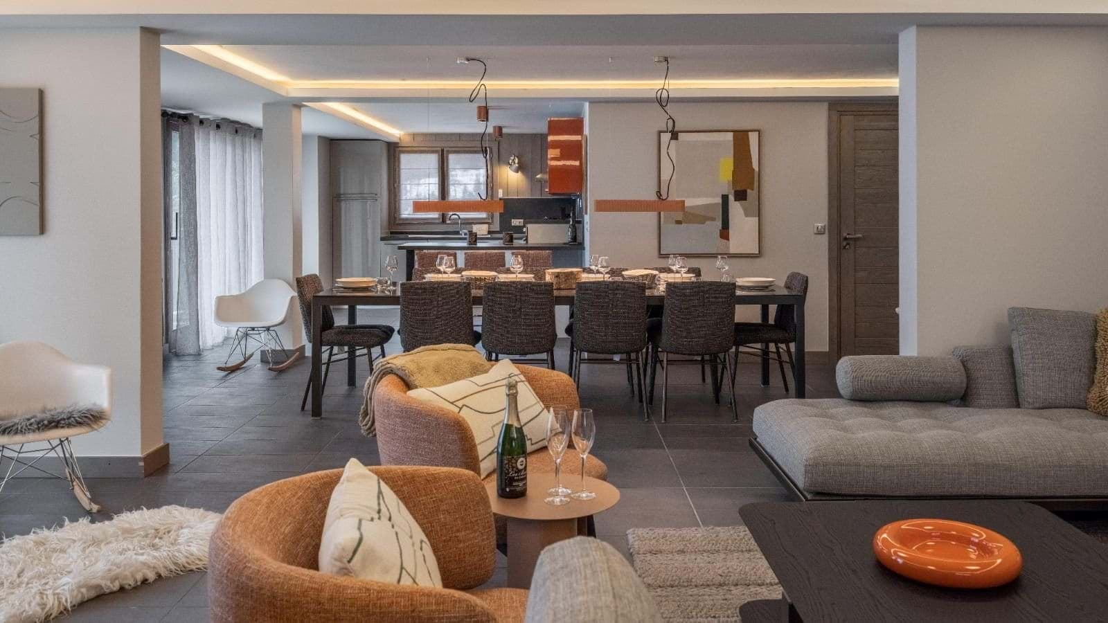 Open-plan living and dining area with seating for 10