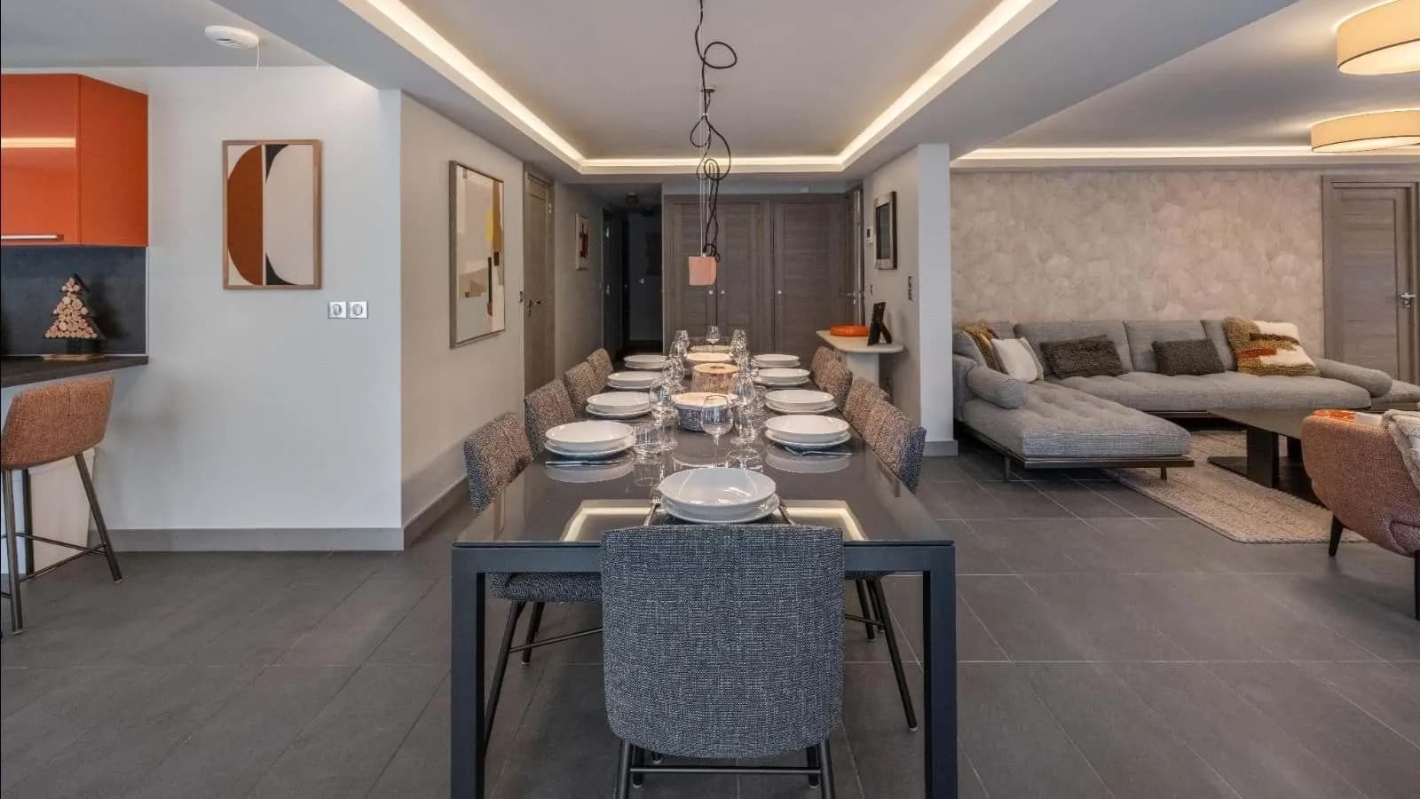 Open-plan dining area with seating for ten