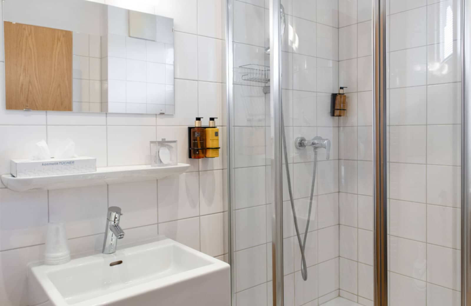 Bathroom with walk-in shower and wall-mounted toiletries
