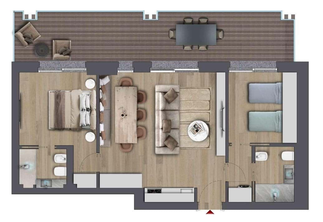 Floor plan: two bedrooms, two bathrooms, and large terrace with outdoor dining
