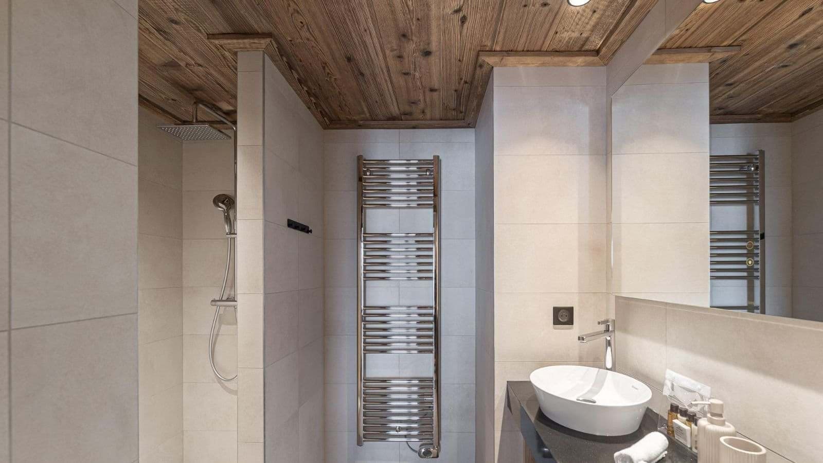 Walk-in shower with rainfall head and heated towel rail