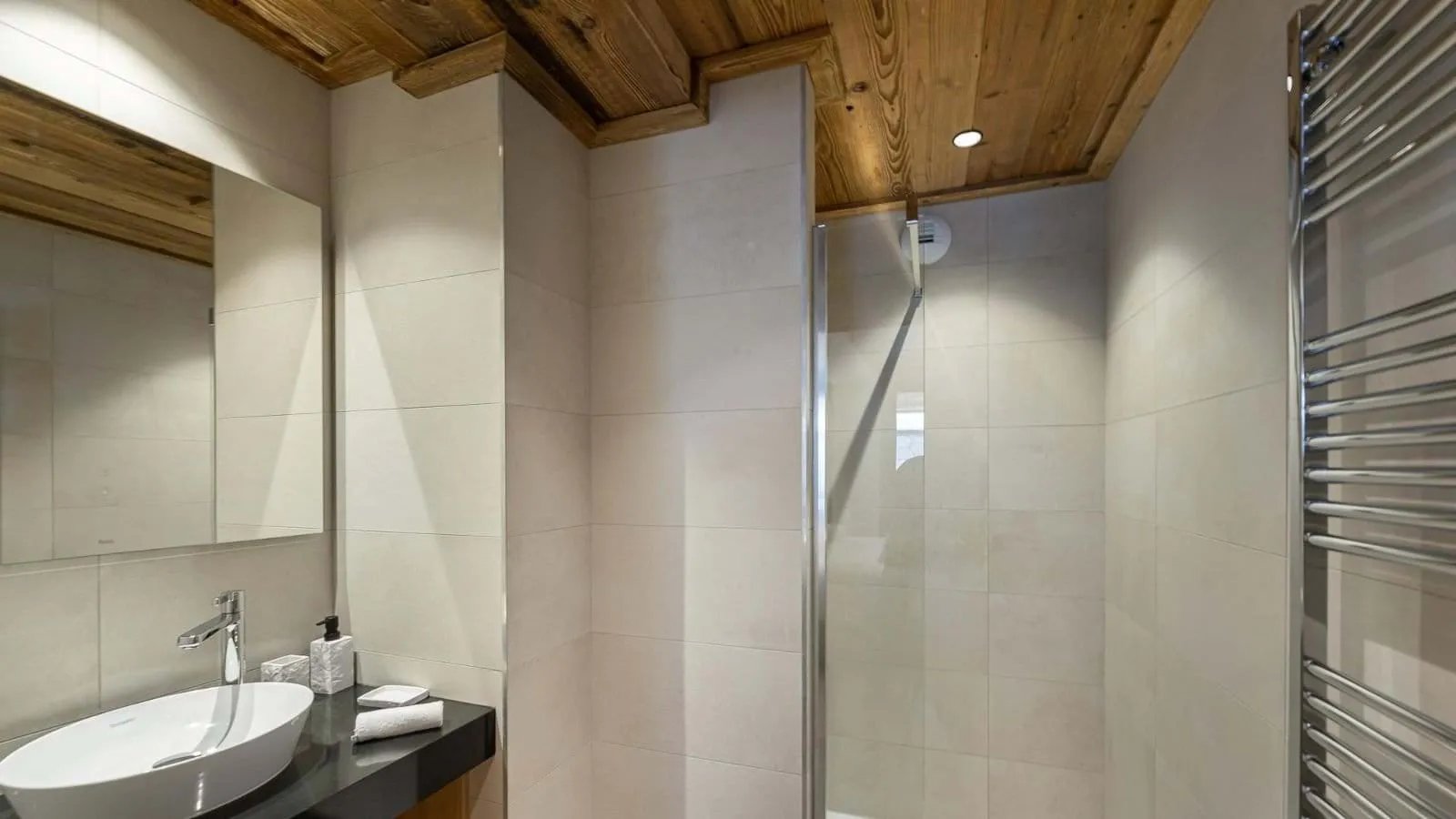 En-suite shower room with a walk-in shower and heated towel rail