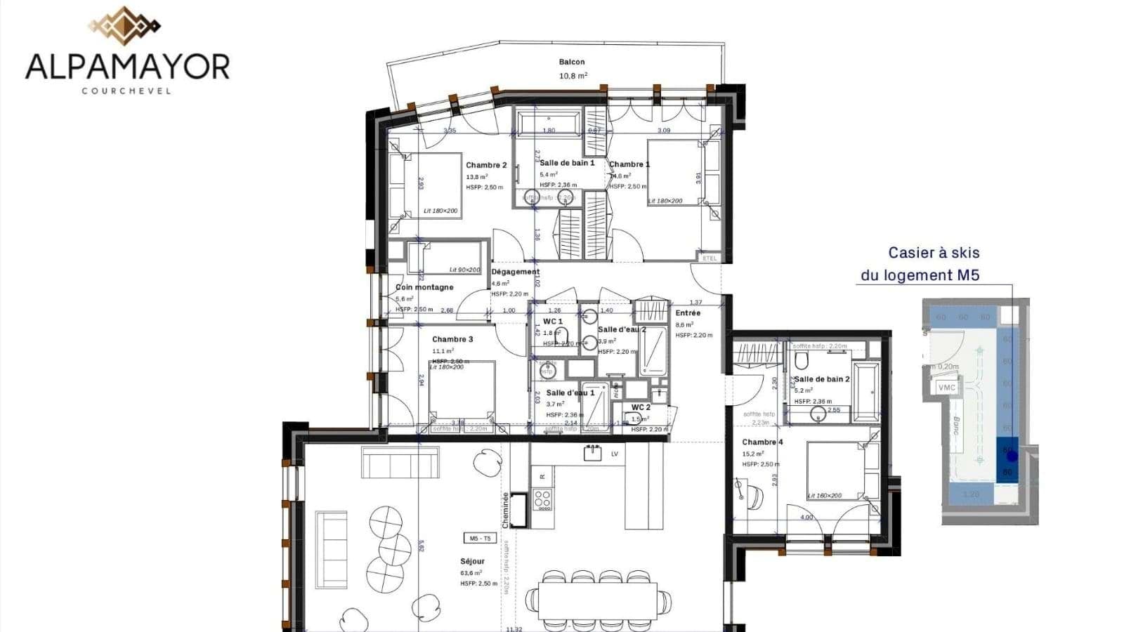 Upper floor plan: 4 bedrooms, 2 bathrooms, balcony, and ski-in access via exterior staircase