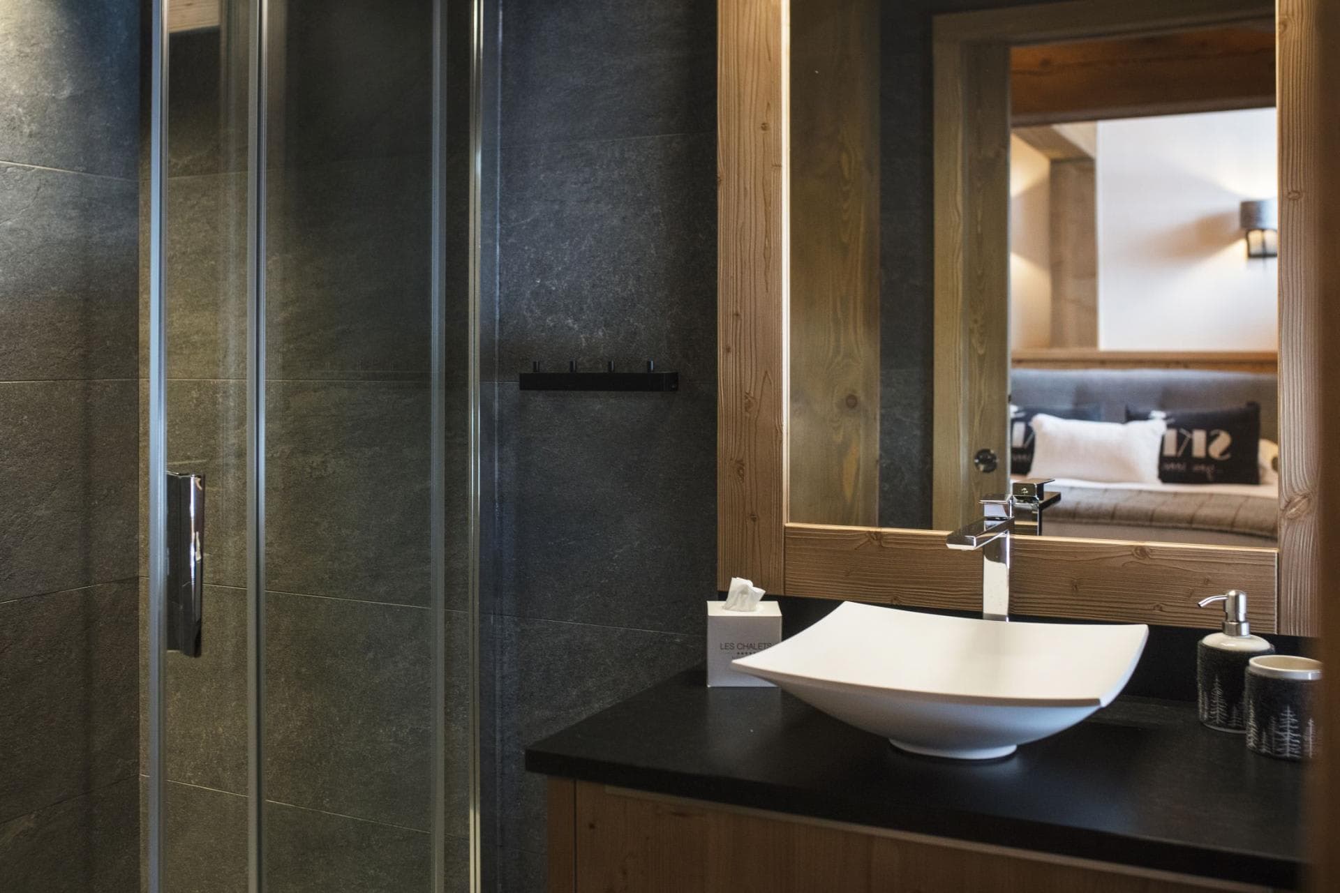 Ensuite bathroom with vessel sink and glass-enclosed walk-in shower