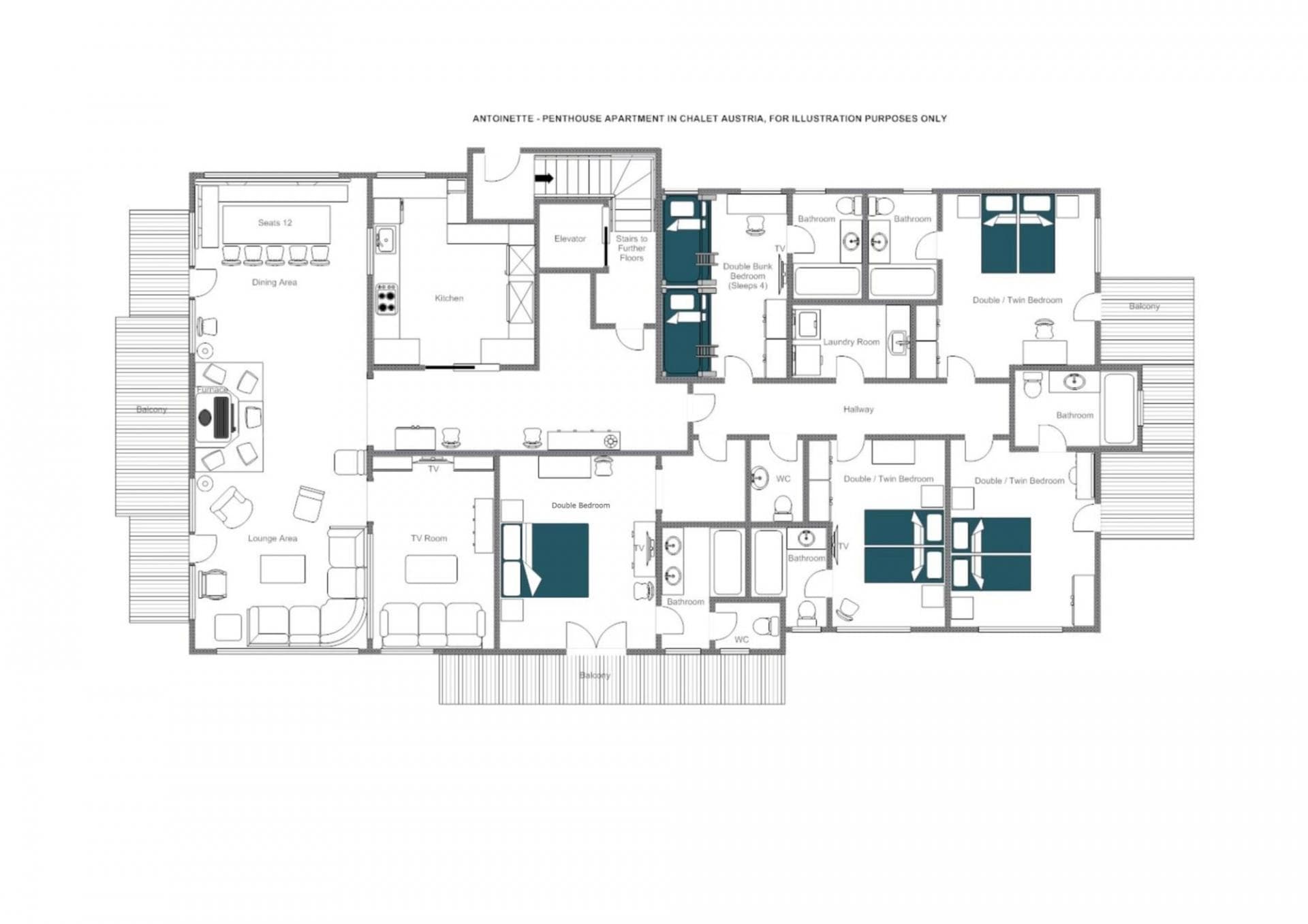 Penthouse floor plan: five bedrooms, four balconies, laundry room, and elevator access