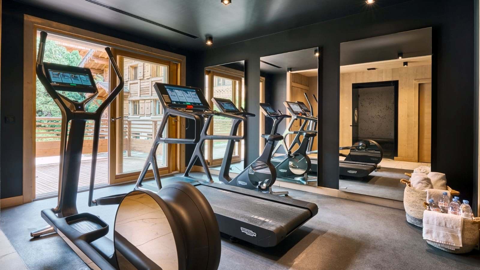Private gym with Technogym equipment, floor-to-ceiling mirrors, and sauna access