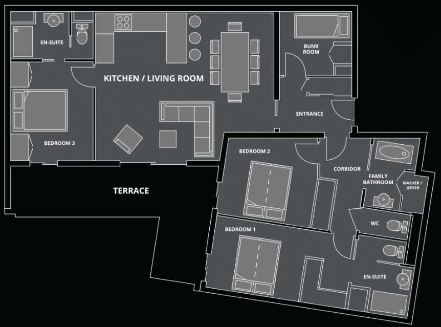Floor plan: three double bedrooms, bunk room, and terrace with outdoor seating