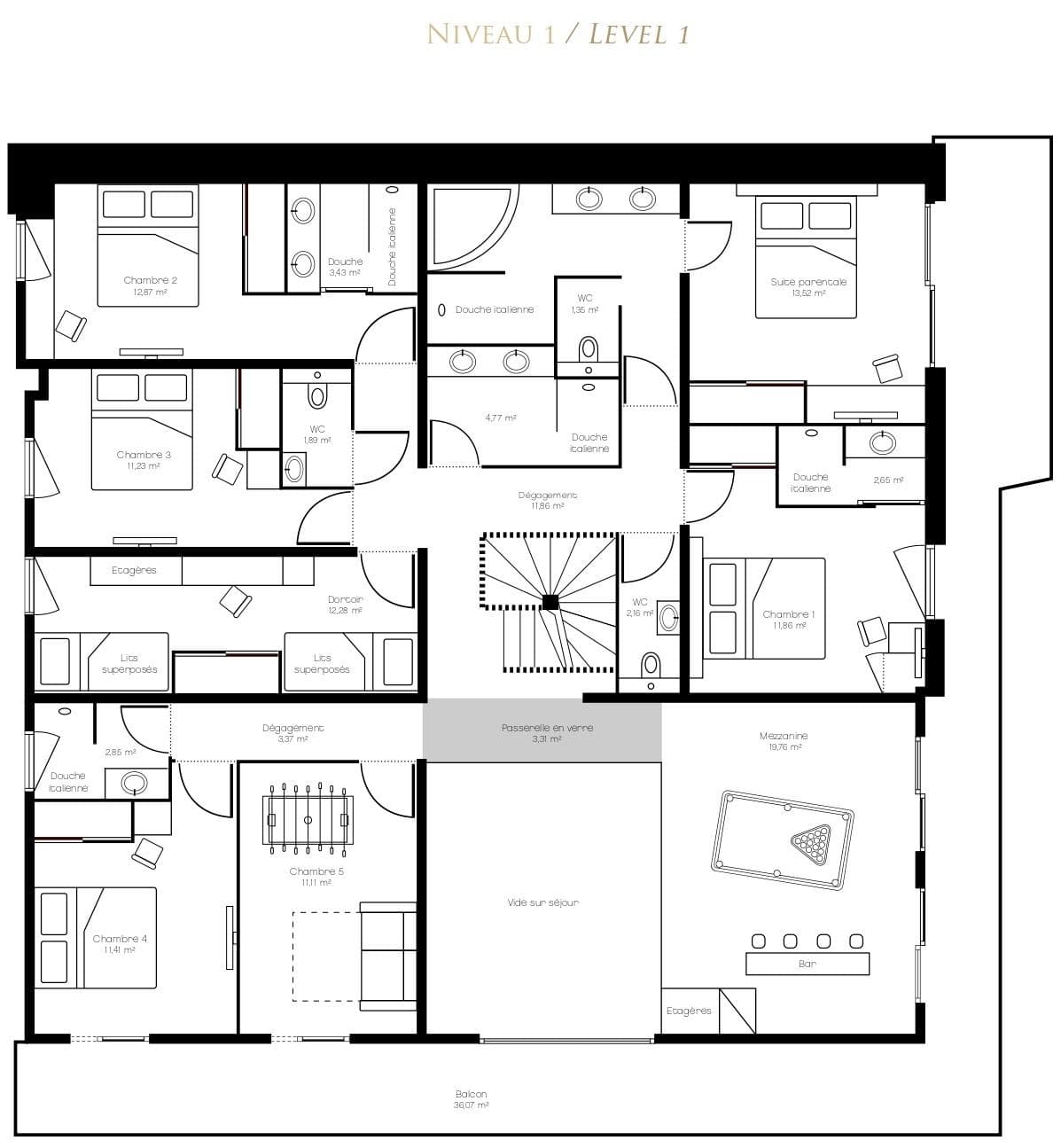 Level 1 floor plan: five bedrooms, bunk room, and mezzanine bar area