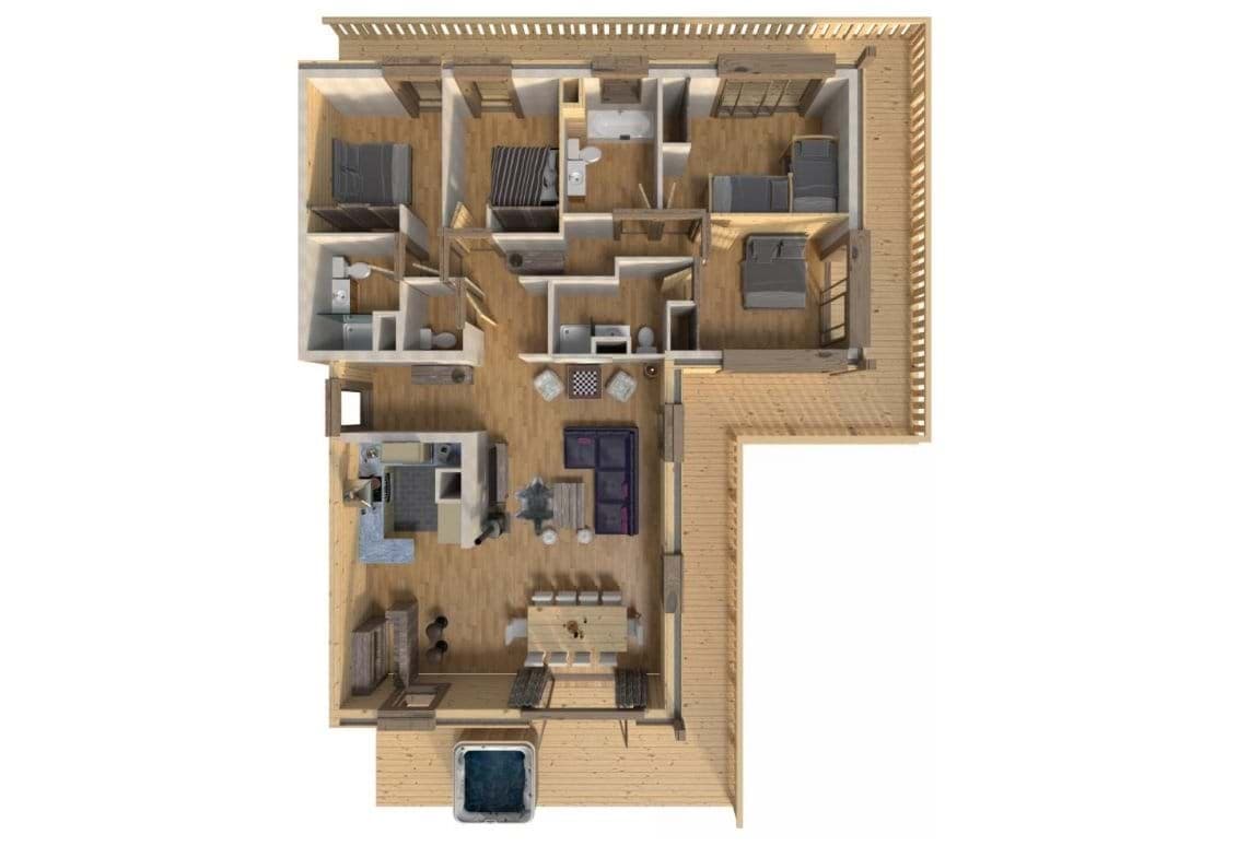 Floor plan: three bedrooms, open-plan living area, and wrap-around deck with hot tub