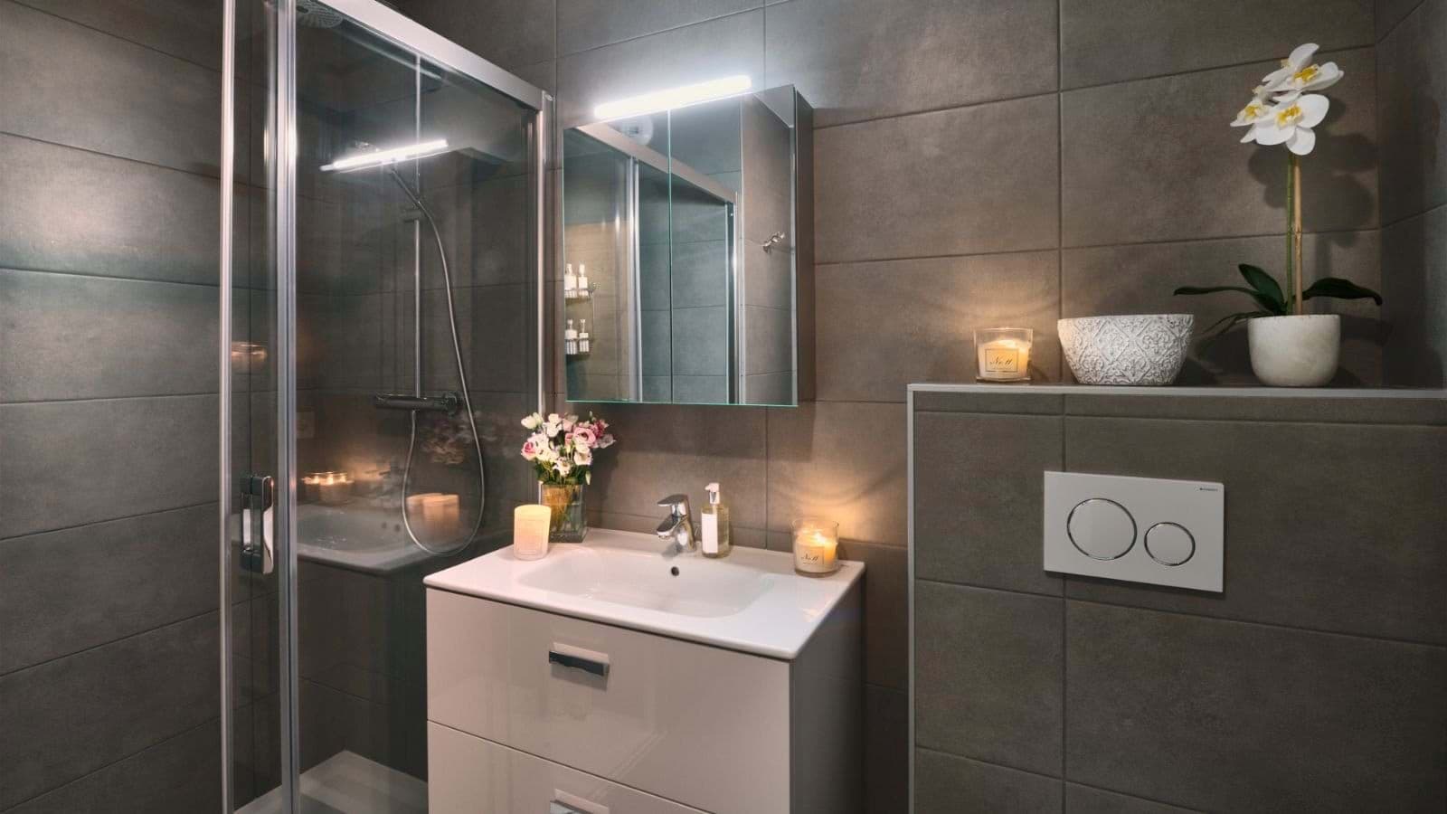 Bathroom featuring glass walk-in shower and mirrored vanity with storage