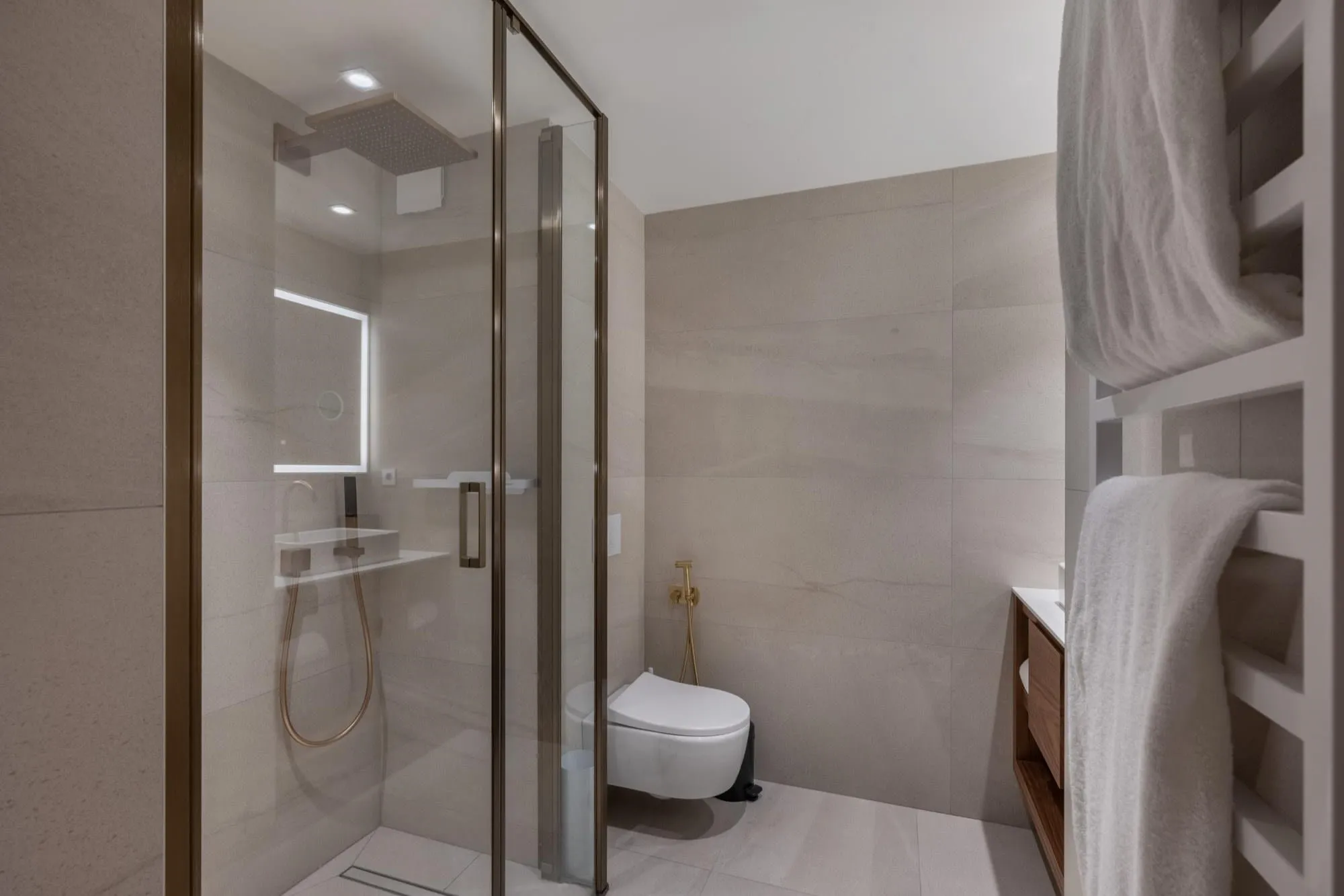 En-suite shower room with walk-in shower and heated towel rail