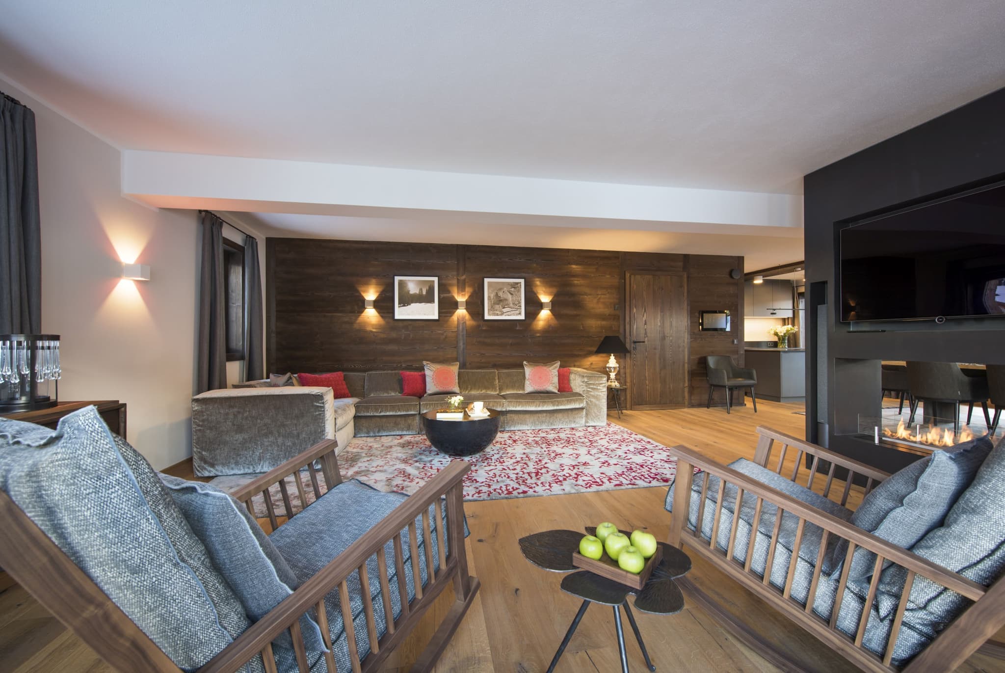 Living area with gas fireplace and seating for 10 guests