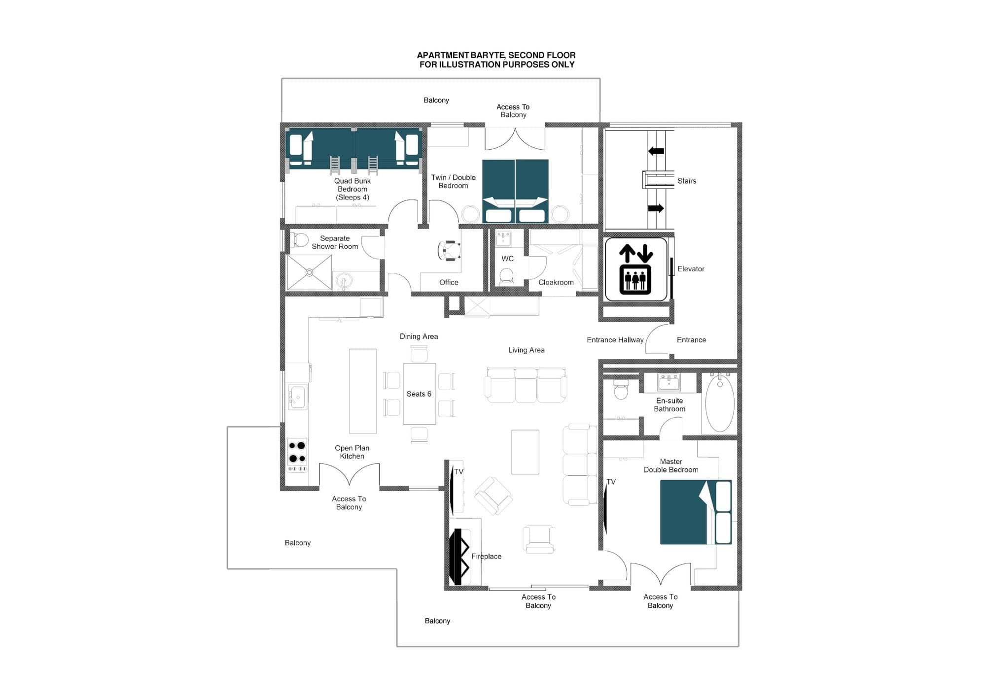 Second floor layout featuring three bedrooms and elevator access