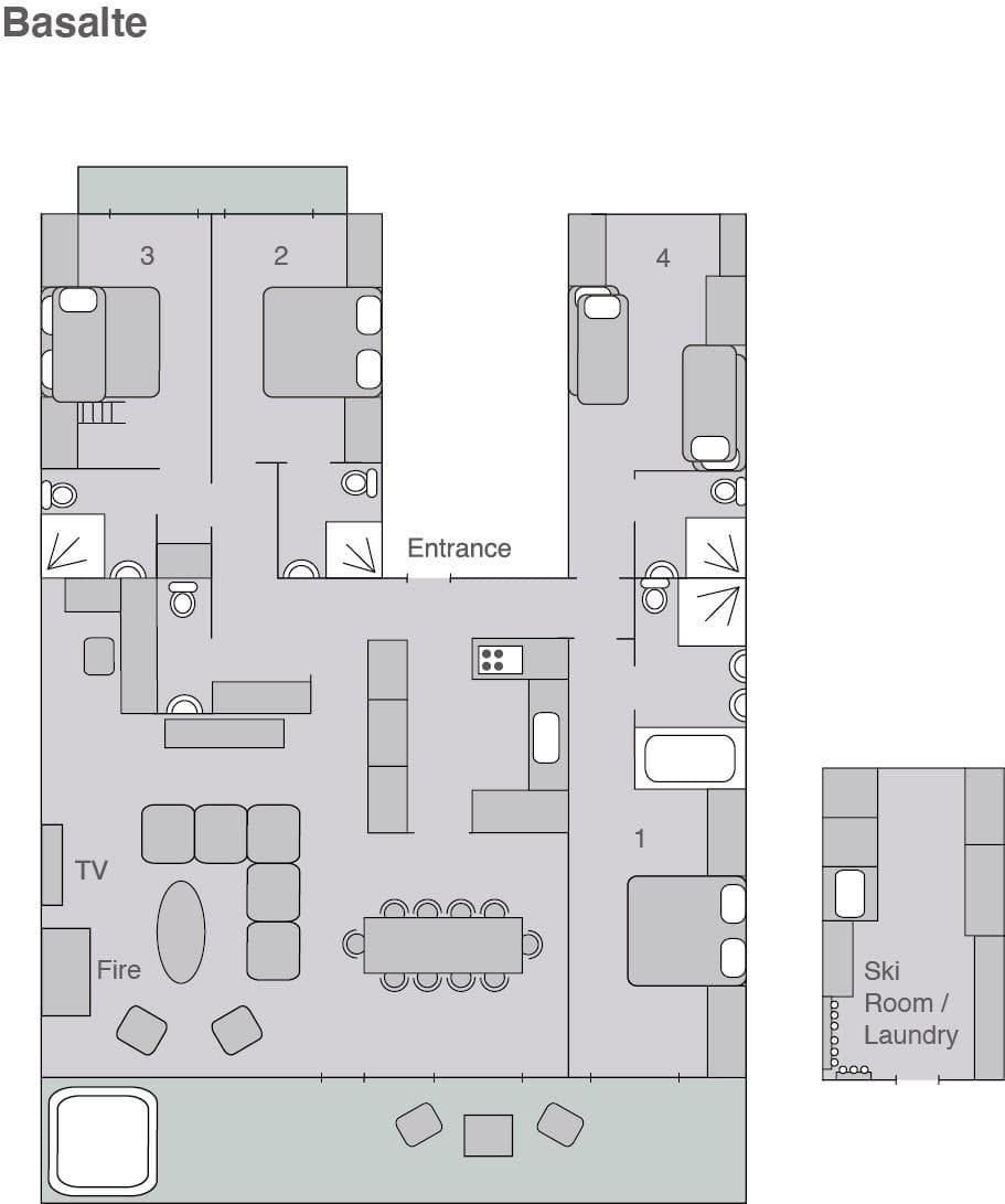 Floor plan: four bedrooms, open living area, and separate ski/laundry room