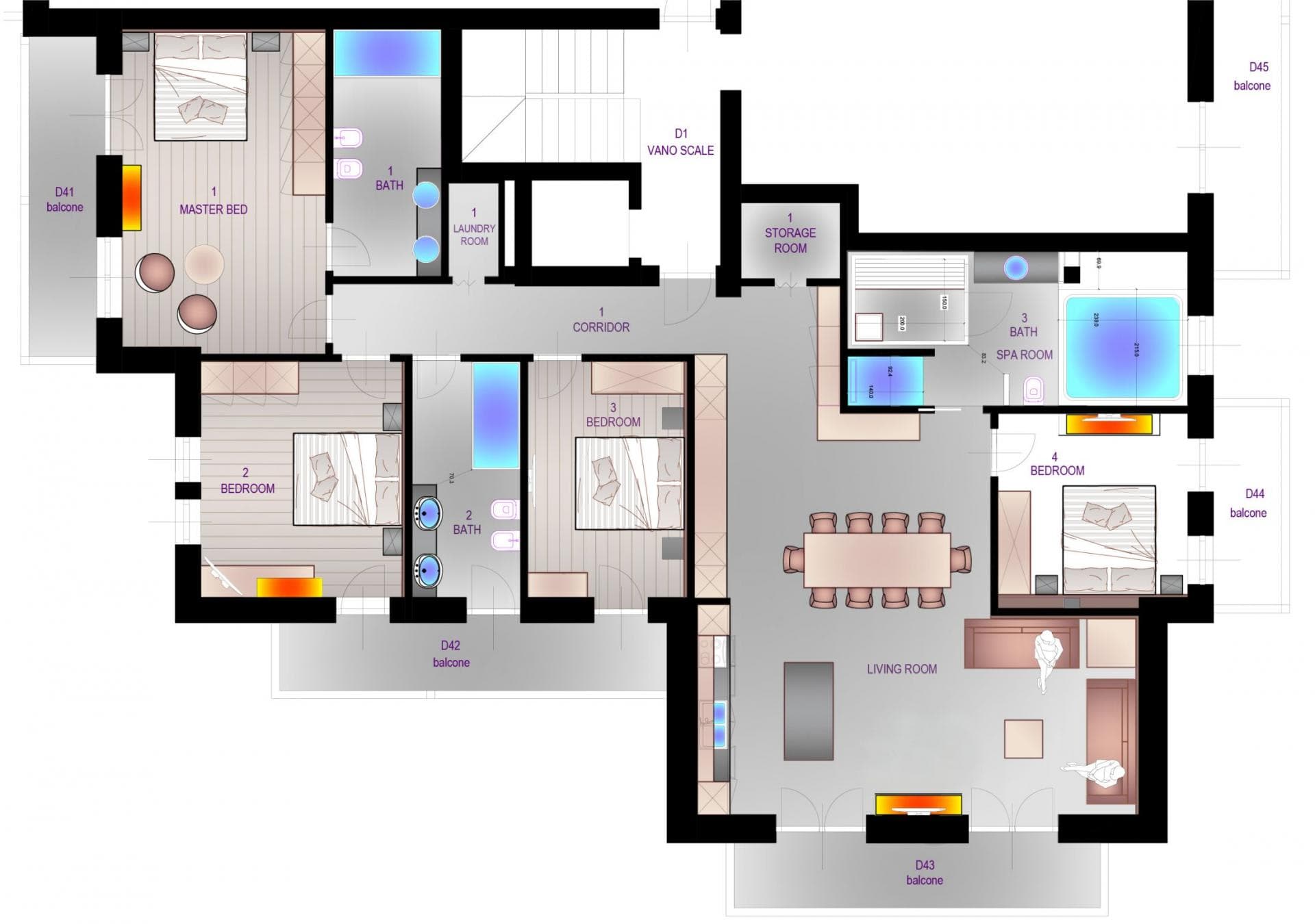 Floor plan: four bedrooms, private spa room, three bathrooms, and five balconies