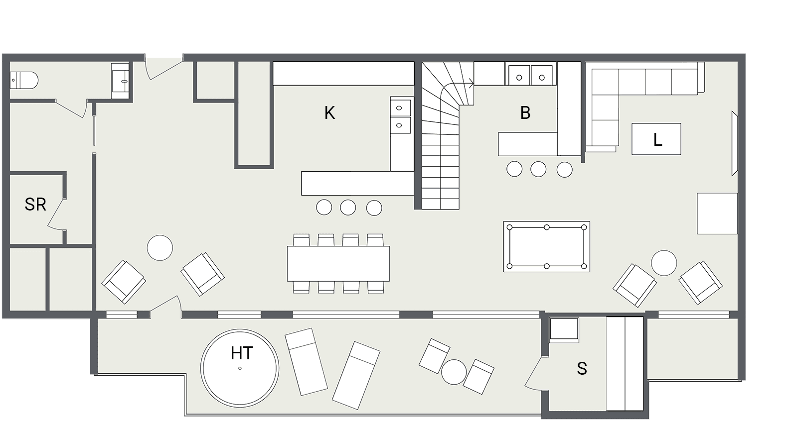 Main floor layout: kitchen, bar, pool table, and deck with hot tub and sauna