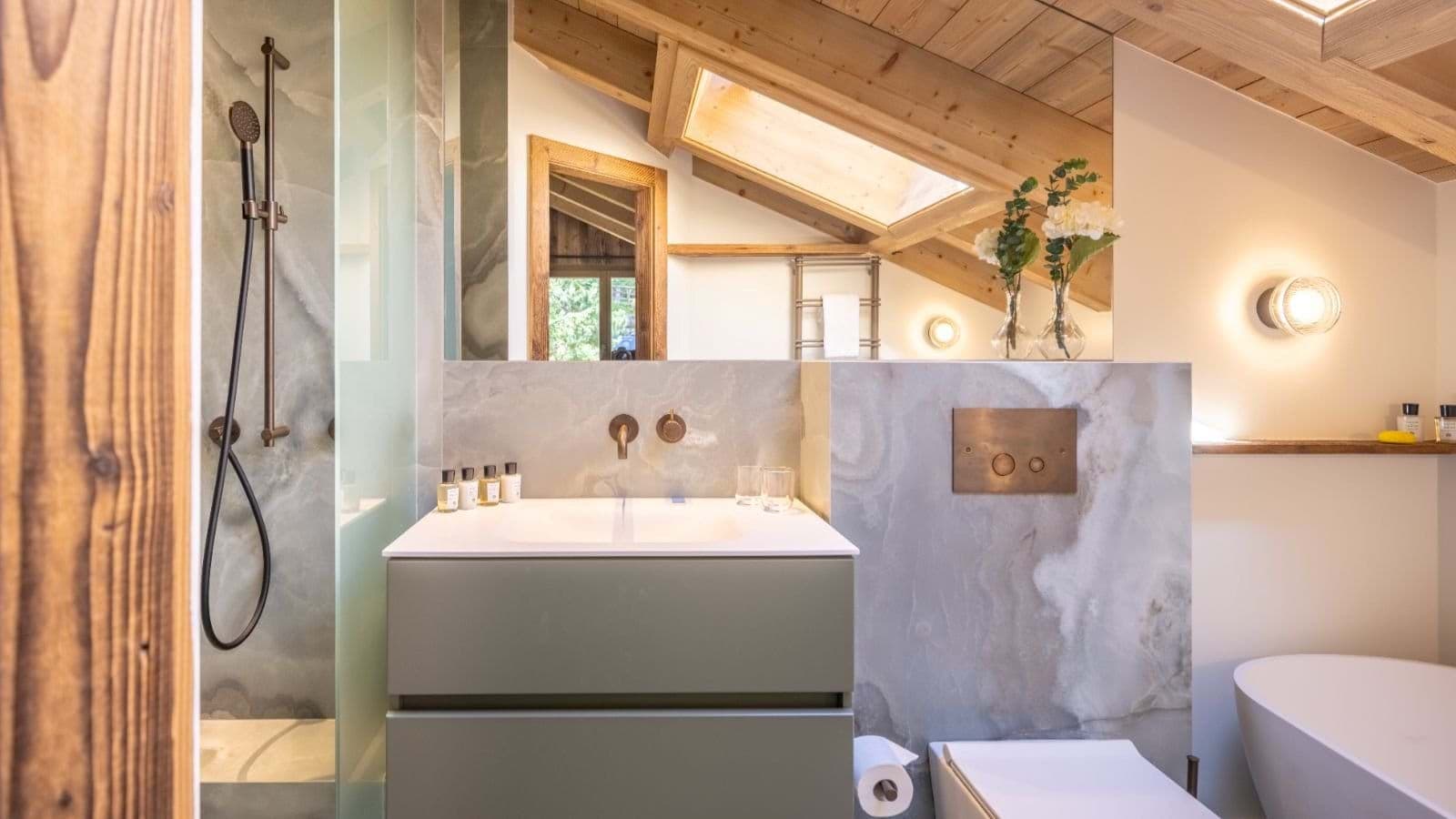 Bathroom with walk-in shower and soaking tub; vaulted skylight