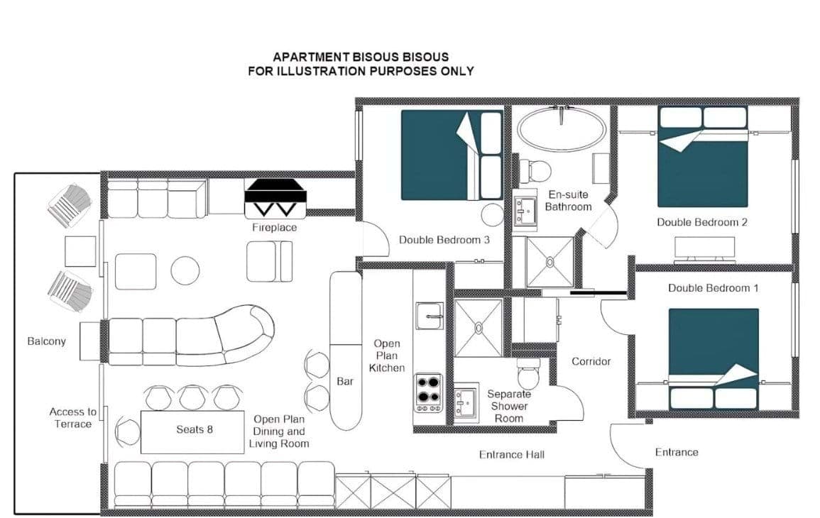 Floor plan featuring three double bedrooms and dining seating for eight