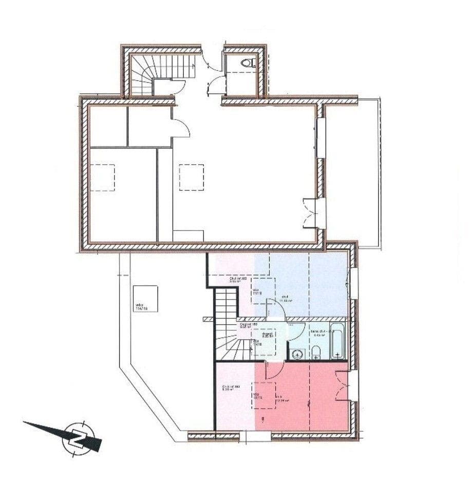 Two-level floor plan: entryway, stairs, two bedrooms, and full bathroom
