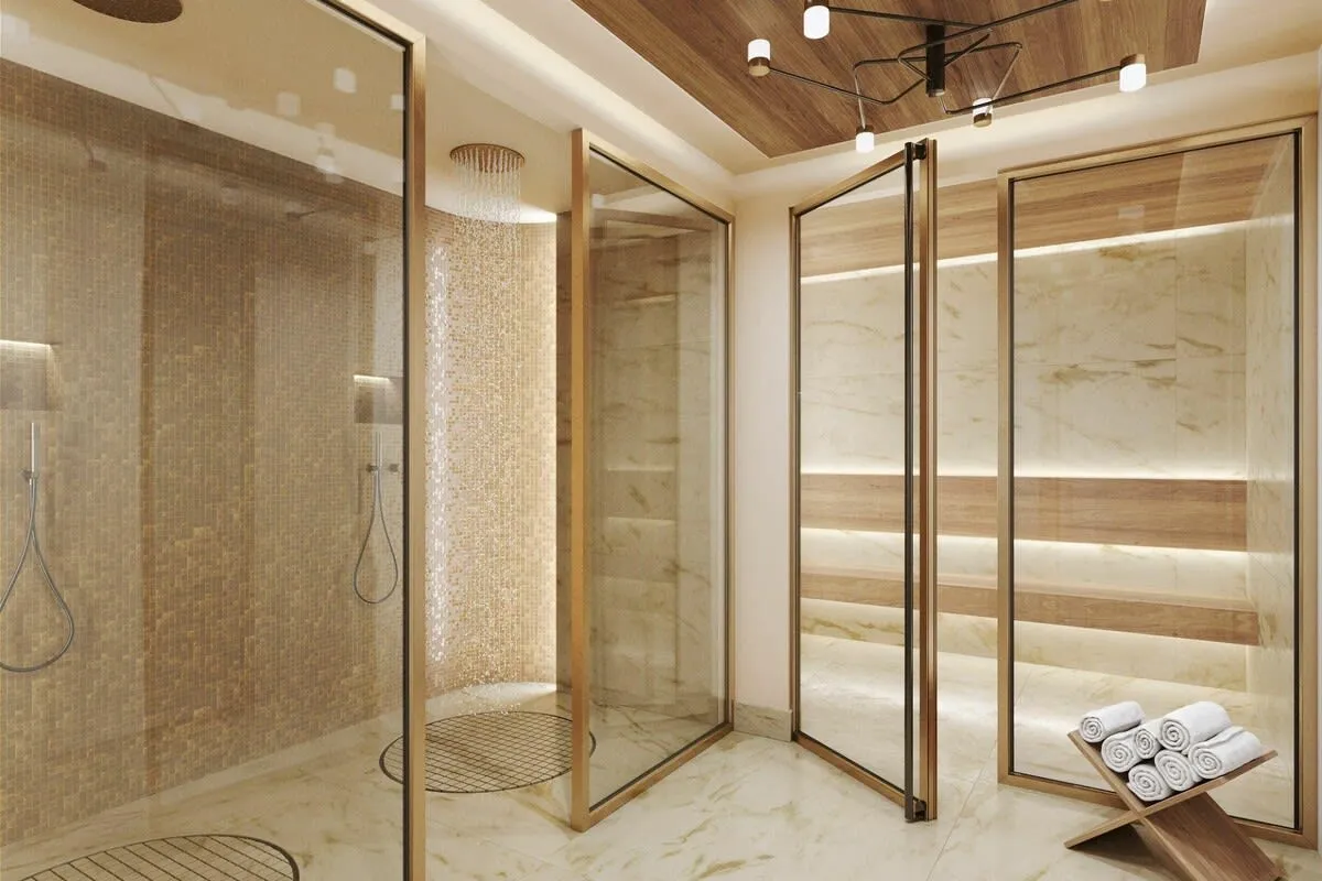 Shared wellness area with sauna and glass-fronted showers