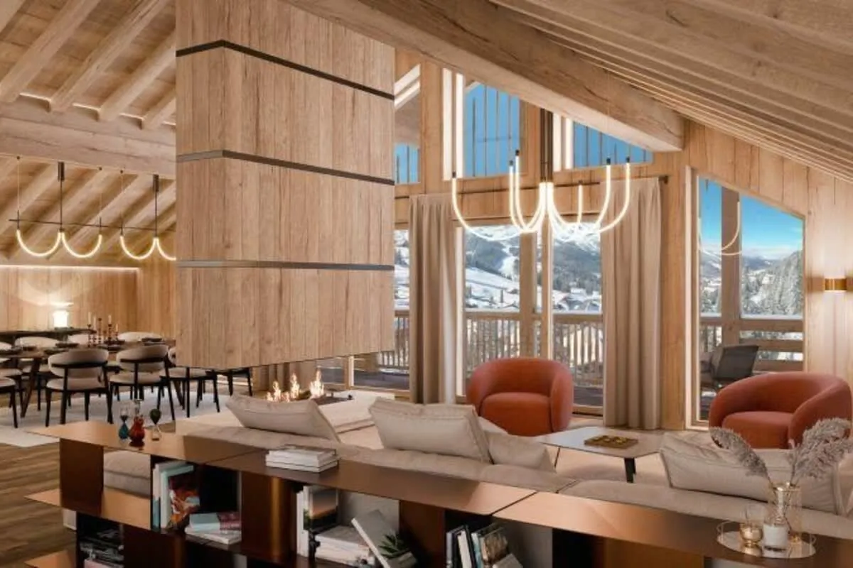 Lounge seating beside panoramic windows and the central fireplace