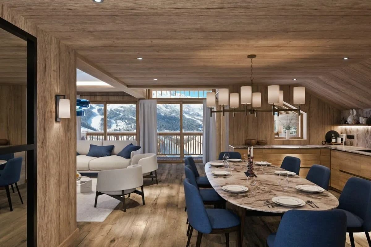 Open-plan dining area with kitchen and lounge beyond