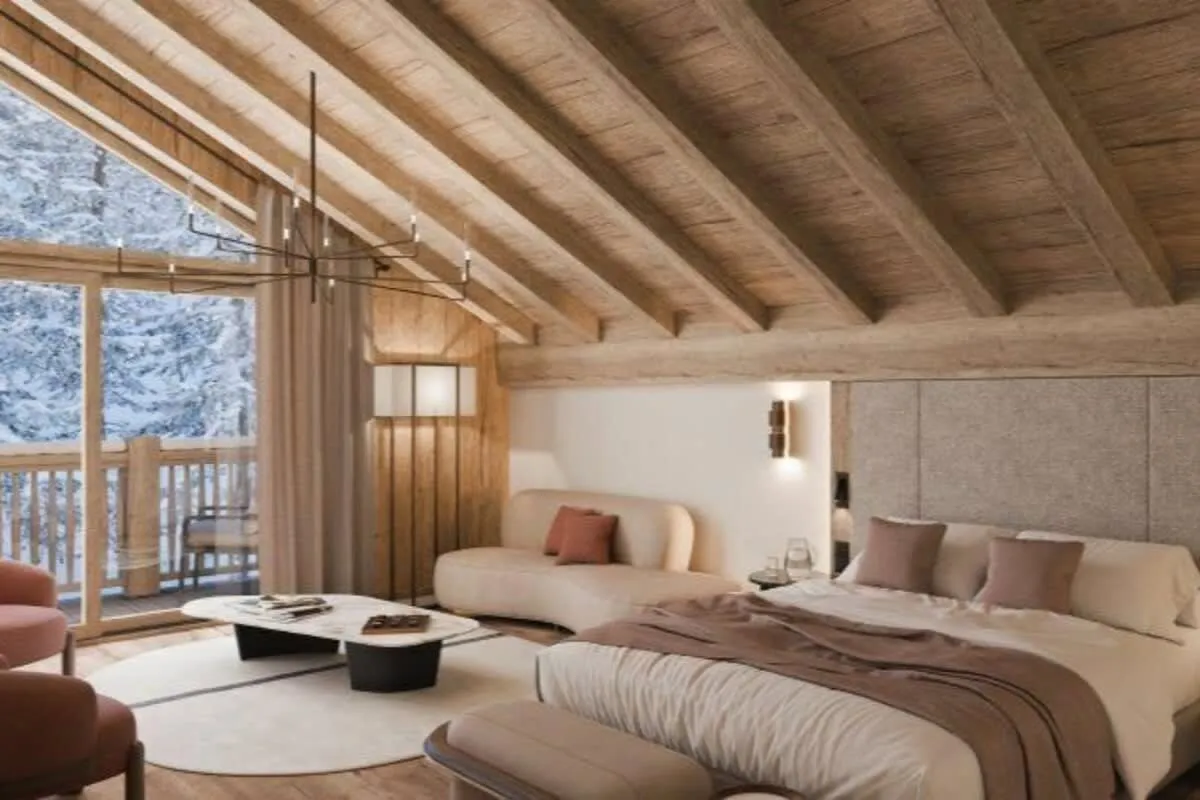 Double bedroom with balcony and mountain view