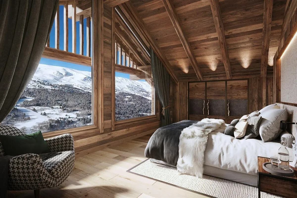 Double bedroom with timber ceiling and mountain views