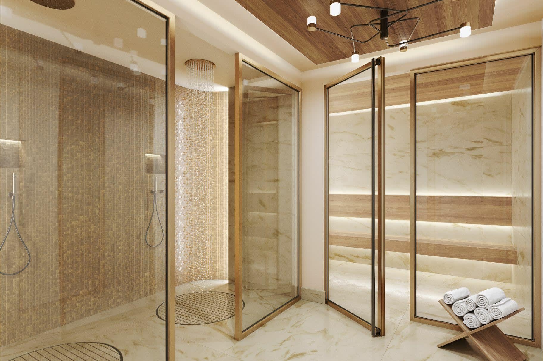 Spa area with rainfall shower and private steam room