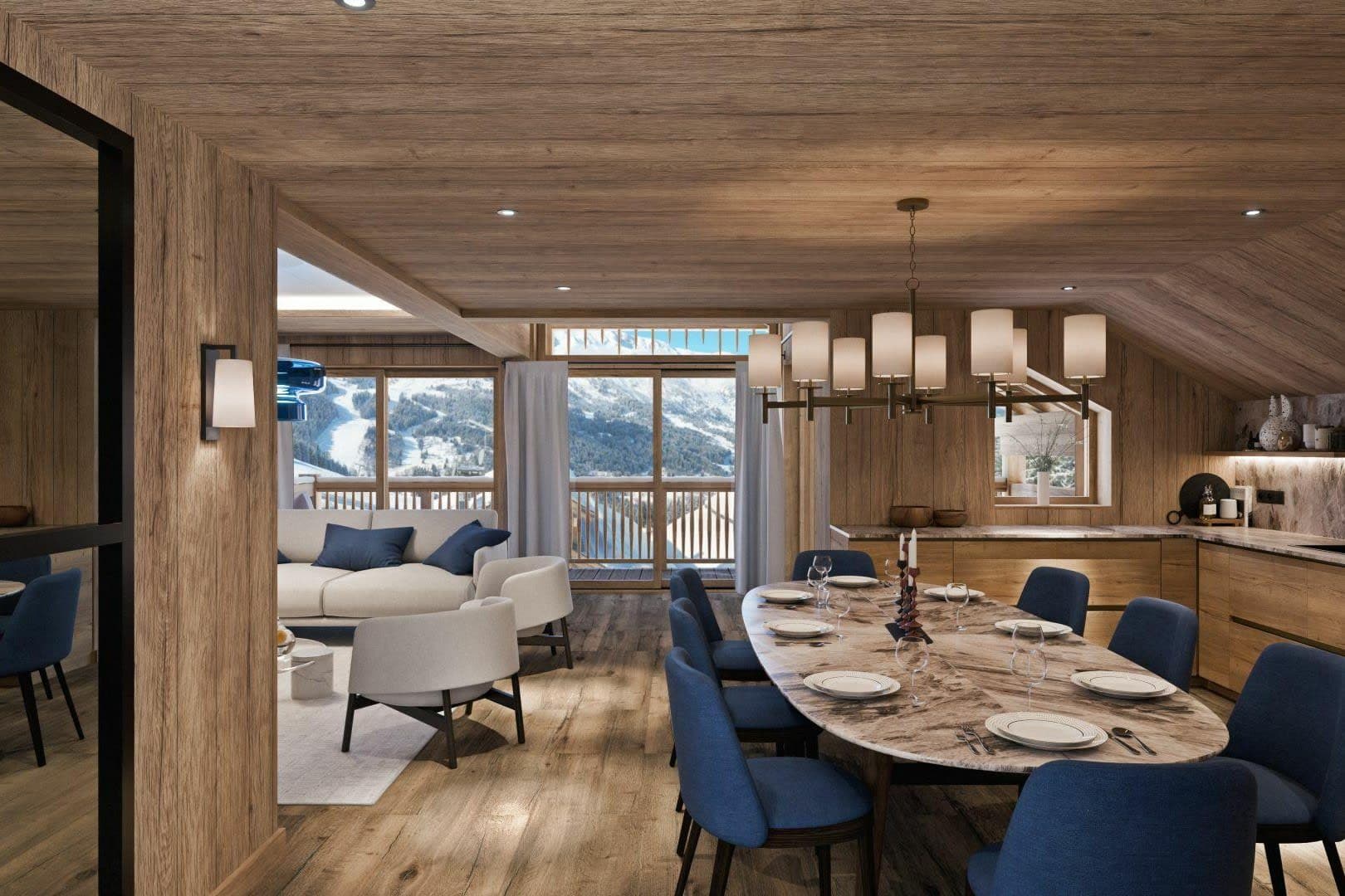 Open-plan dining area seats 8; adjacent living room with mountain views