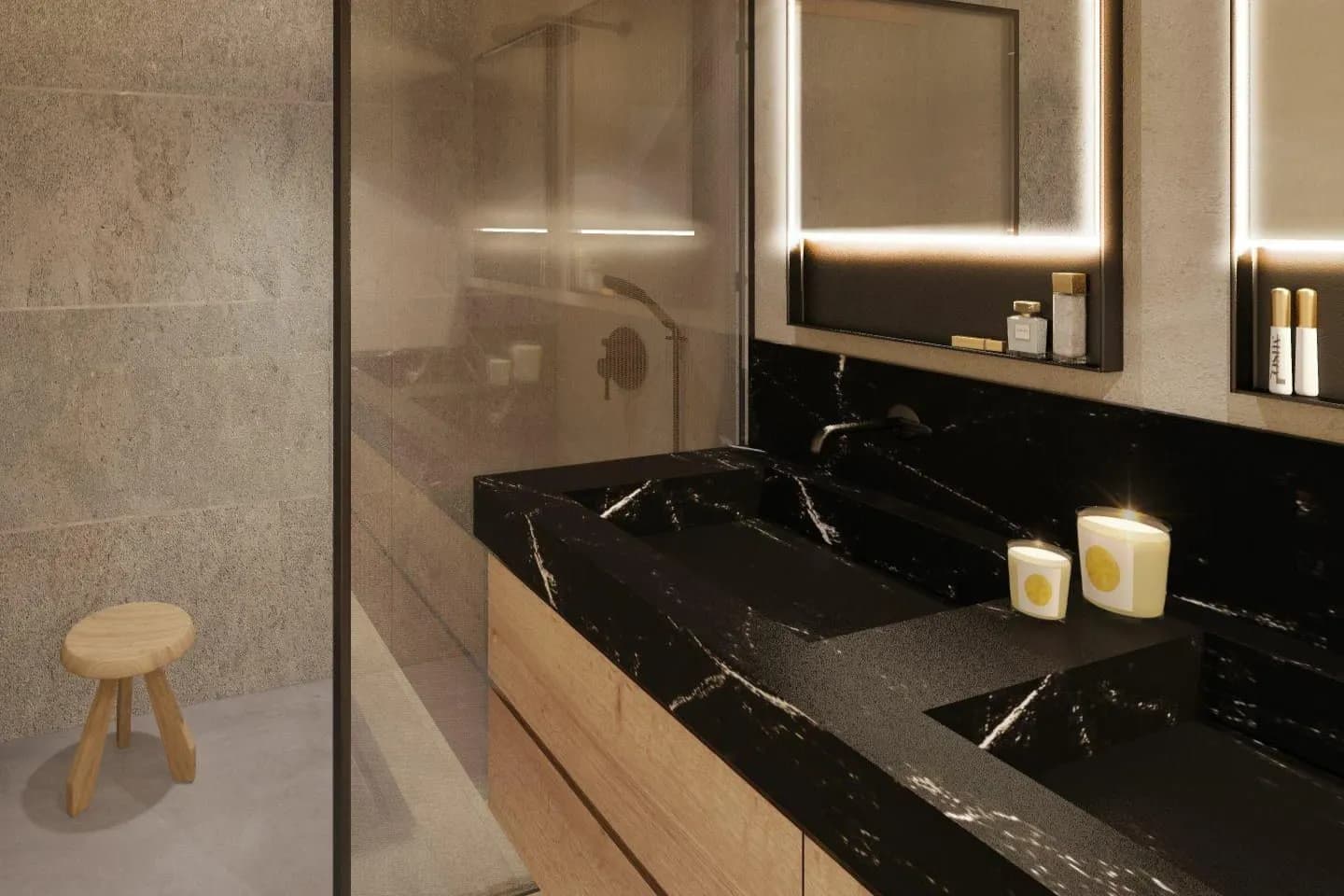 Shower room with dark marble vanity and illuminated mirrors