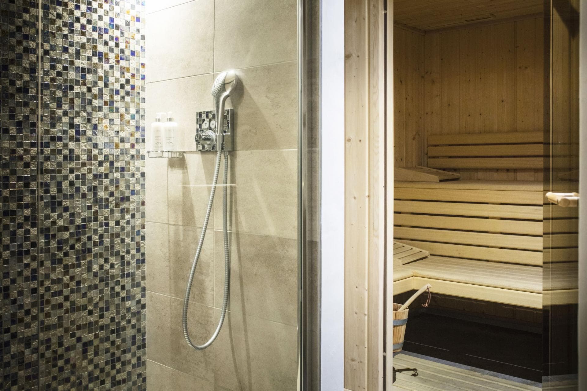 Walk-in shower with handheld sprayer adjacent to private wood-lined sauna