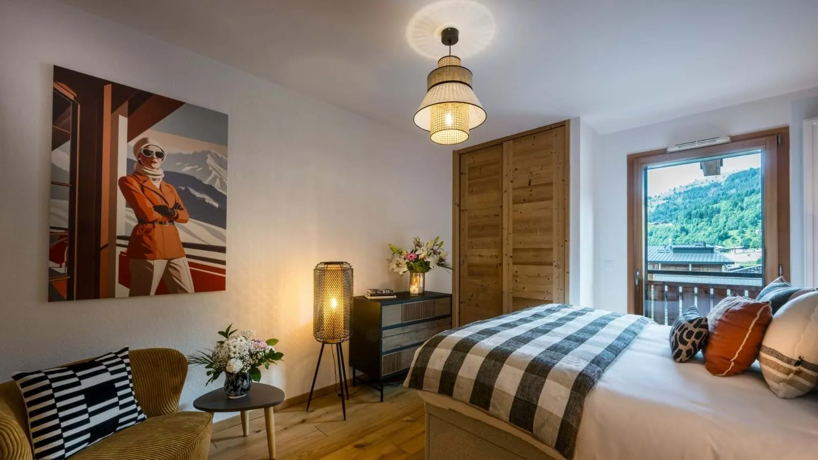 Double or twin bedroom with balcony access, a chair and wardrobe