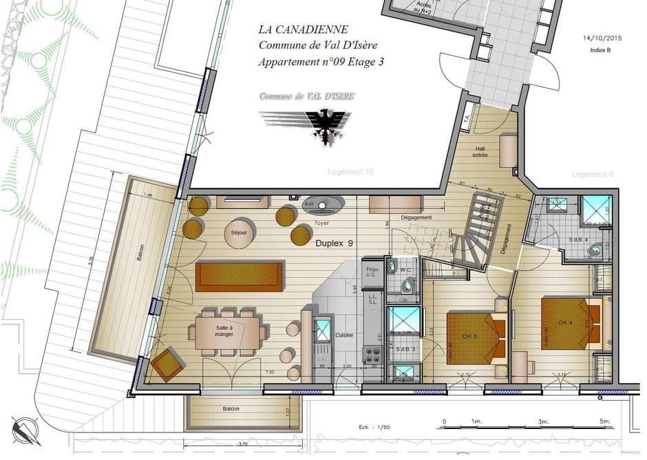 Third floor layout: open living and dining area, two bedrooms, and dual balconies
