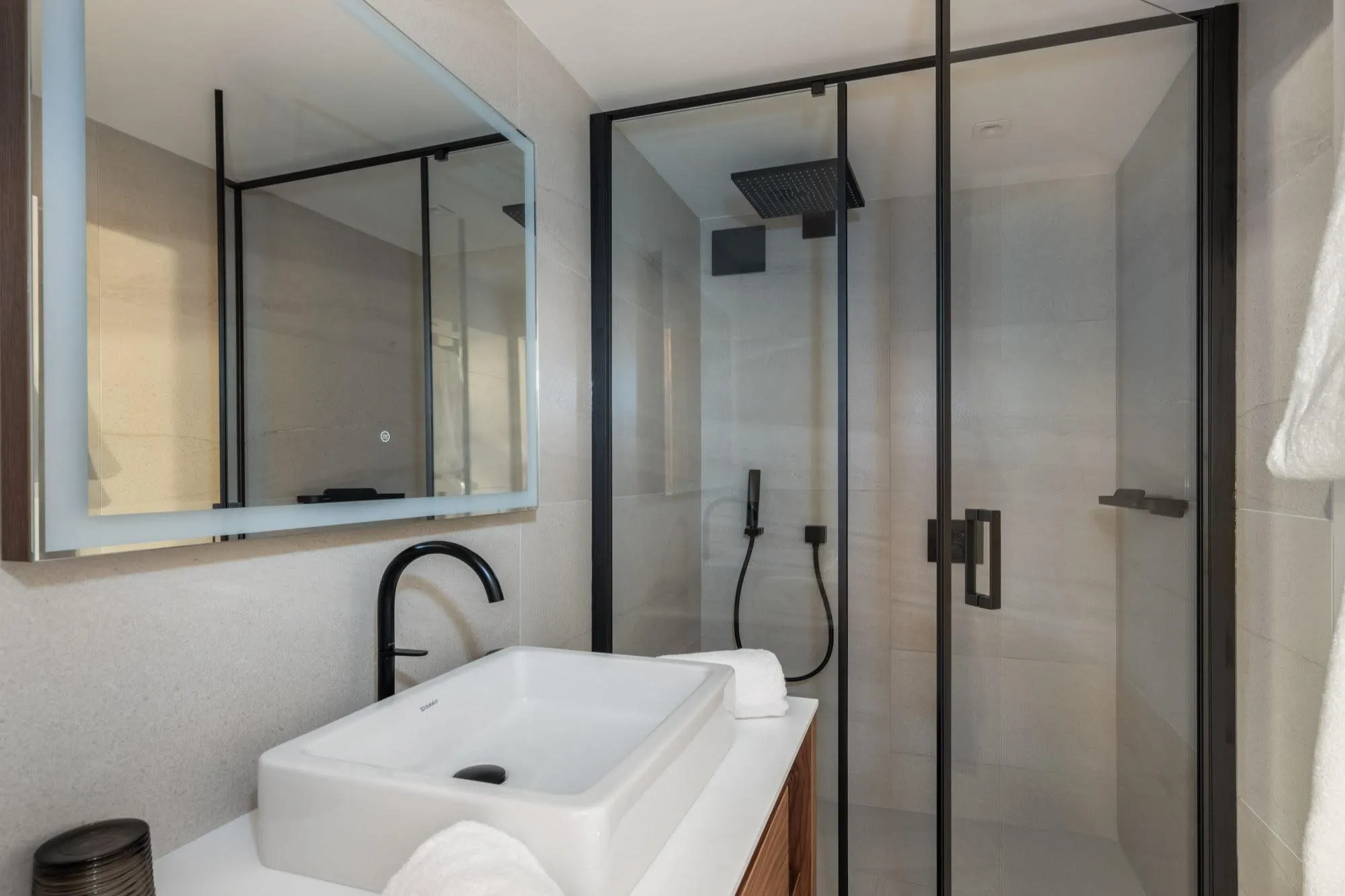 Bathroom with vessel basin and walk-in shower