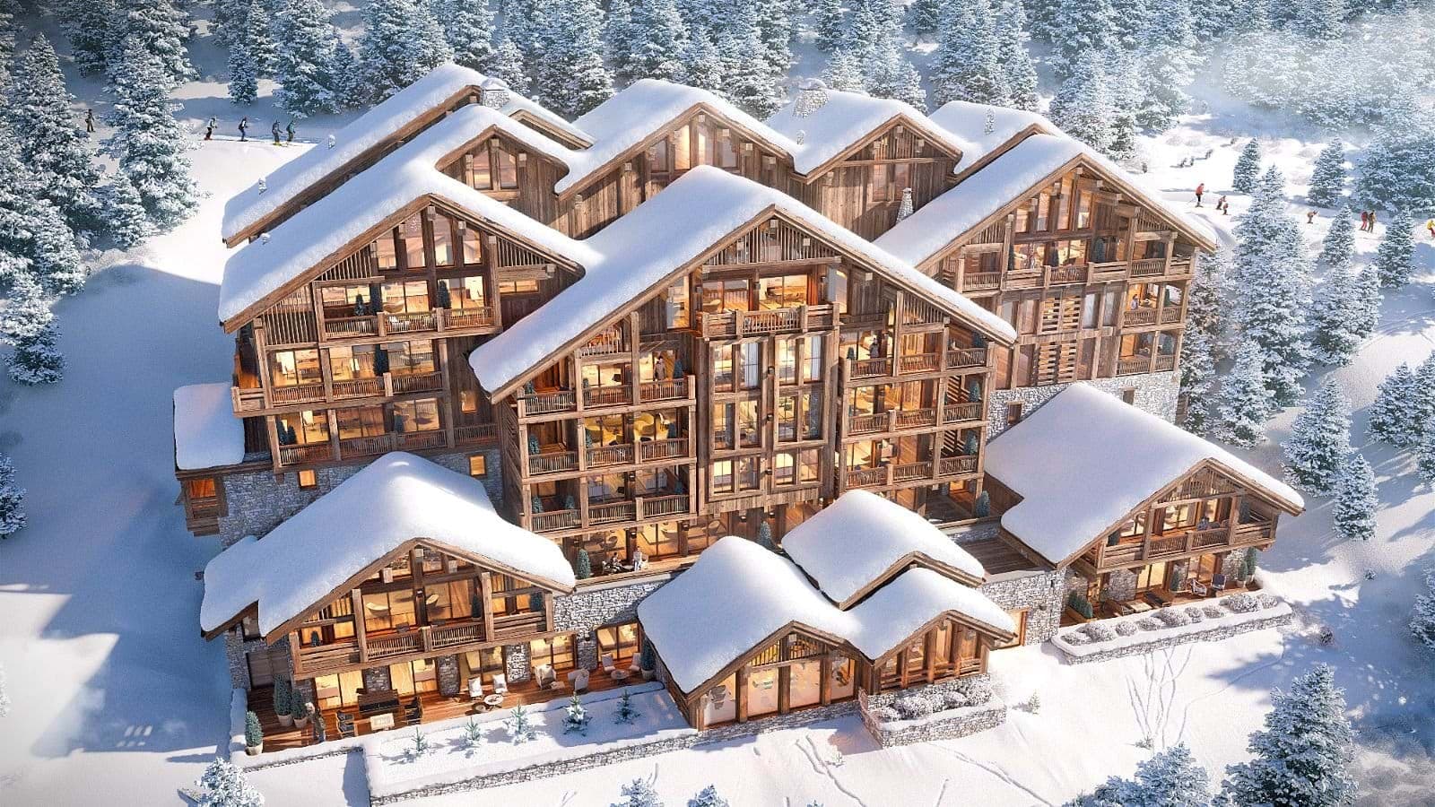 Timber lodge exterior with direct ski-in/ski-out access to slopes