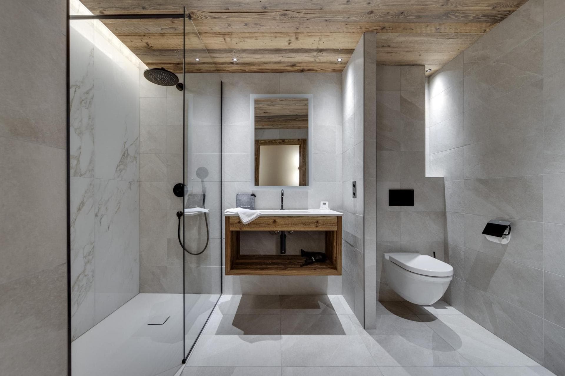 Bathroom with walk-in rainfall shower and reclaimed wood ceiling